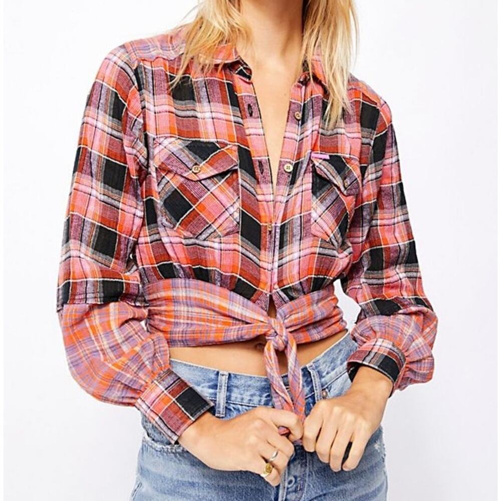 Free People First Bloom Plaid Top in Washed Pop Size M